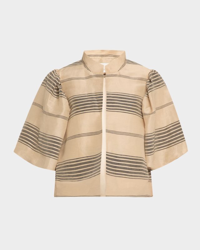 Oliviadea Cropped Linen Silk Puff-Sleeve Jacket